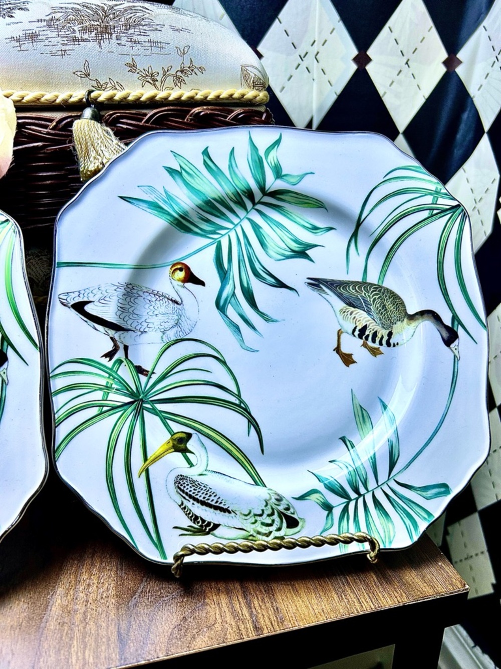 Vintage Tropical Palm & Mallard Porcelain Plates – Octagonal Decorative Pair - Picture 9 of 10